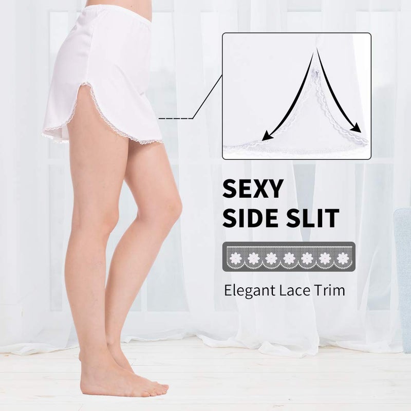 MANCYFIT Half Slip for Women Underskirt Short Mini Skirt Slit Lace Trim White Small - Image 2